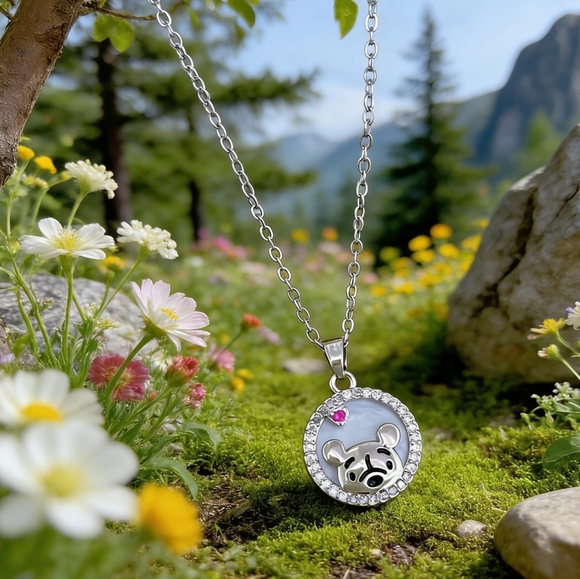 Silver Winnie the Pooh Crystal Halo Necklace Pink Heart Edition - Picture 7 of 8